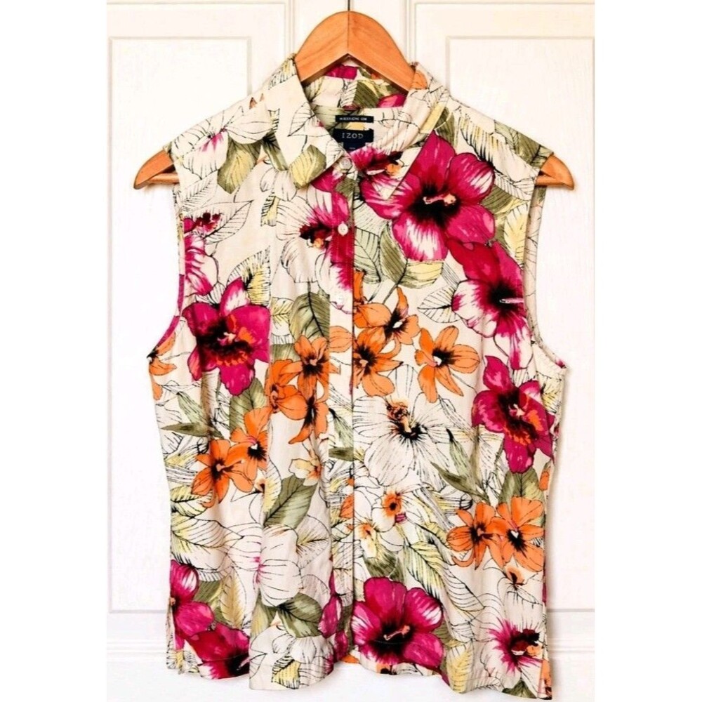 Izod 100% Washable Silk Floral Sleeveless Top 14 Tropical Hibiscus Coral Ivory